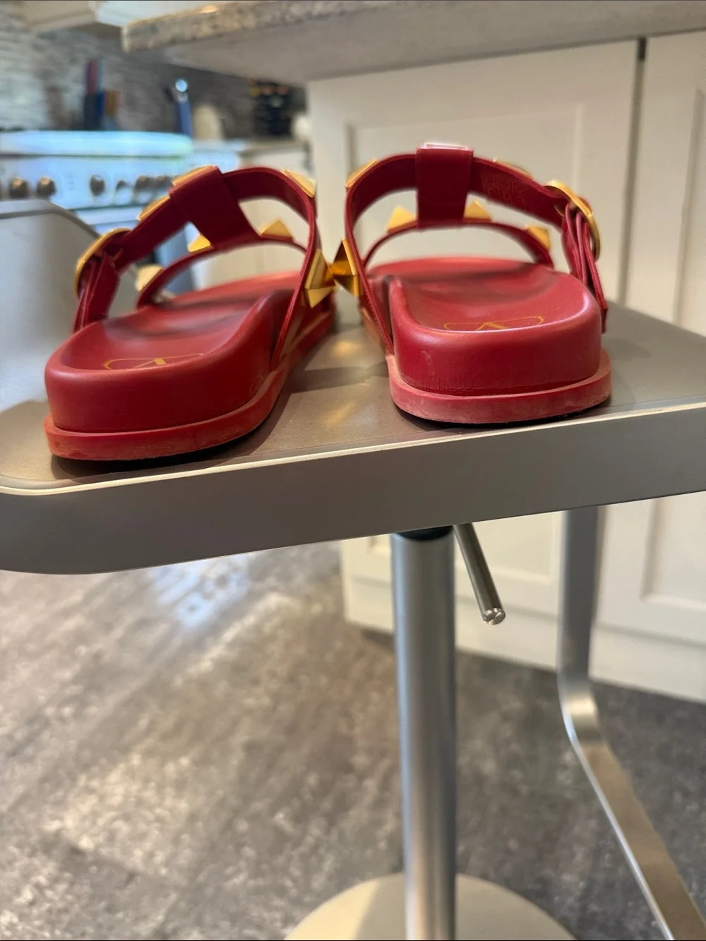 Valentino Rockstud Leather Roman Red Slide Sandals - Picture 9 of 12